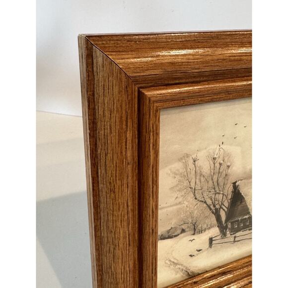Vintage Oak Wood Frame with Winter Cabin Landscape Print Trees Snow Holiday - Picture 4 of 8